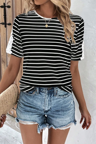 Striped Spliced Lace Round Neck Tee