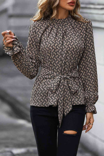 Printed Tie Front Flounce Sleeve Blouse