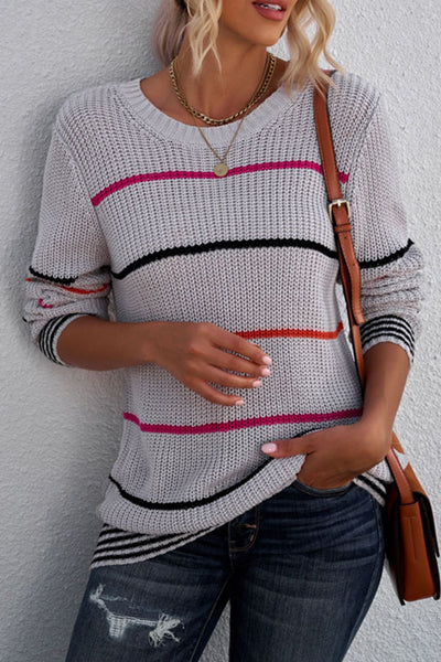 Striped Ribbed Round Neck Long Sleeve Sweater