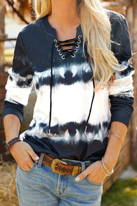 Printed Notched Neck Lace-Up Sweatshirt