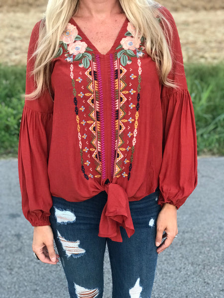 Tennessee Embroidered Top in Brick