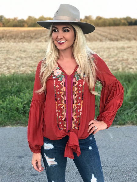 Tennessee Embroidered Top in Brick